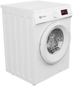 Washing machine in a modern laundry room with a clean, energy-efficient design.