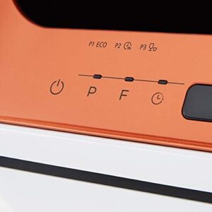 Cookology CMDW2 Compact Mini Portable Dishwasher in orange, placed on a countertop with clean dishes inside