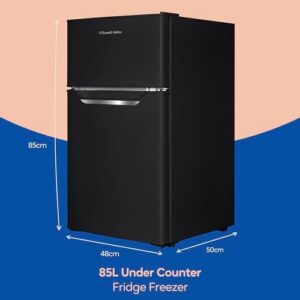 Russell Hobbs Undercounter Fridge Freezer in black with LED light, adjustable thermostat, and sleek design.