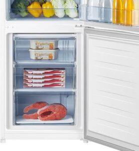 Fridgemaster MC55265E Fridge Freezer in white, showcasing LED lighting and spacious storage